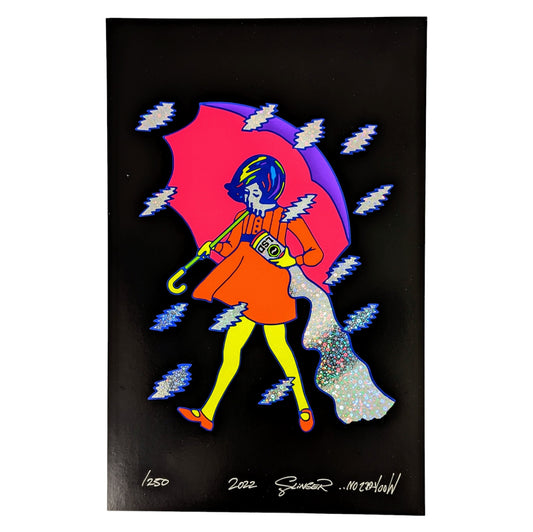 Slinger x Wookerson Sandoz Girl, 2022 9 Color Screen Print on Holographic Paper 11 x 17 in Edition of 250  Hand Signed, Numbered + Dated by the artists. 