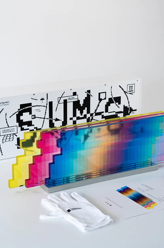 Felipe Pantone Subtractive Variability Manipulable 6, 2023 UV paint, PMMA, UHS Lacquer, linear slide bearings, aluminum 7.08 x 21.26 (25.59 fully extended) x 2.83 in / 12.13 lb Edition of 200  Hand Signed & Numbered by the artist. Accompanied by Certificate of Authenticity, original artist packaging and gloves. Edition entirely created and produced at Felipe Pantone's Studio in Valencia, Spain.