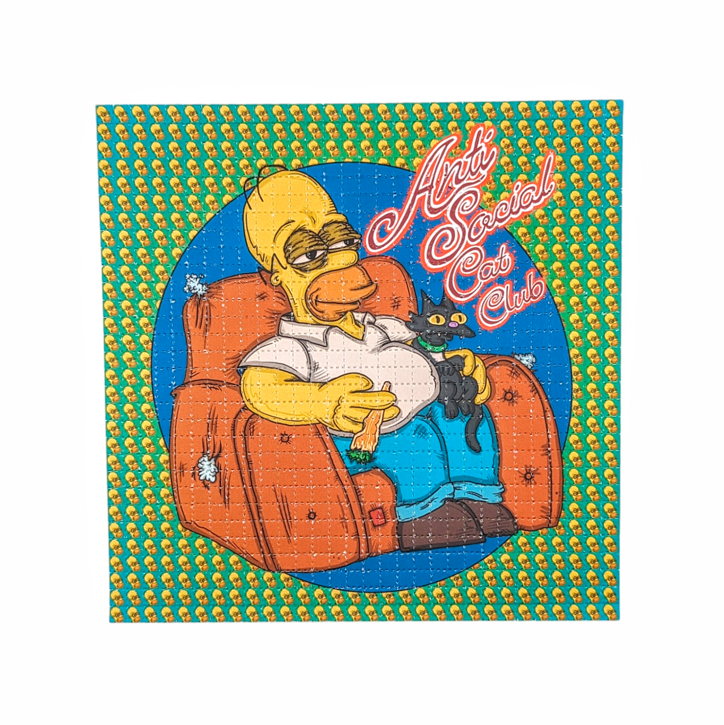 Vincent Gordon Anti Social Cat Club (Homer), 2024 Archival Pigment Print on Perforated Blotter Paper 7.75 x 7.75 in Edition of 100  Hand Signed + Numbered by the artist. Perforated and published by Zane Kesey in Pleasant Hill, OR.