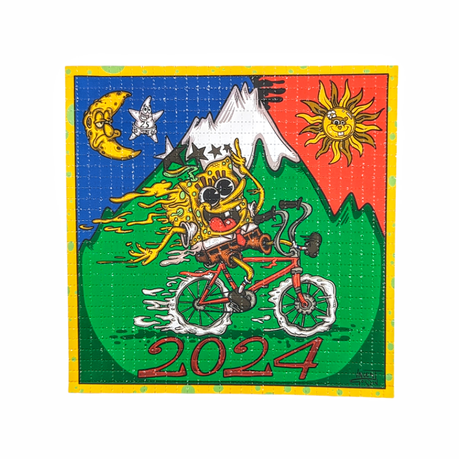 Vincent Gordon Bike Day 2024 (SpongeBob), 2024 Archival Pigment Print on Perforated Blotter Paper 7.75 x 7.75 in Edition of 100  Hand Signed + Numbered by the artist. Perforated and published by Zane Kesey in Pleasant Hill, OR.