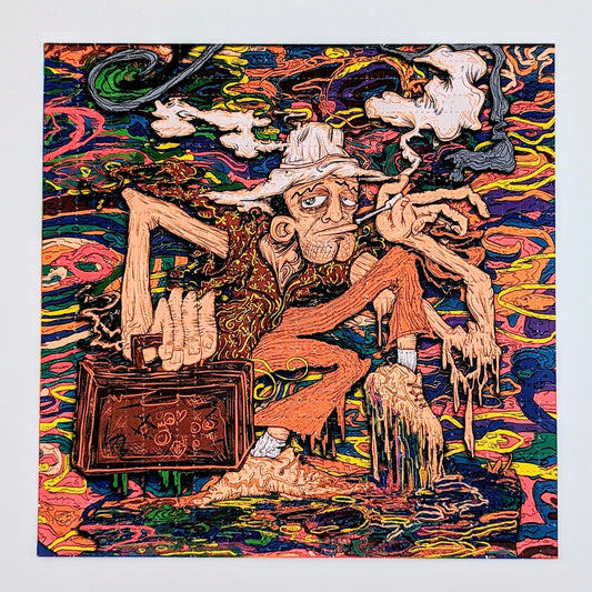 Vincent Gordon  Melt Tech Gonzo Archival Pigment Print on Perforated Blotter Paper 7.75 x 7.75 in Edition of 100  Hand Numbered by Vincent Gordon. Hand perforated by Zane Kesey.