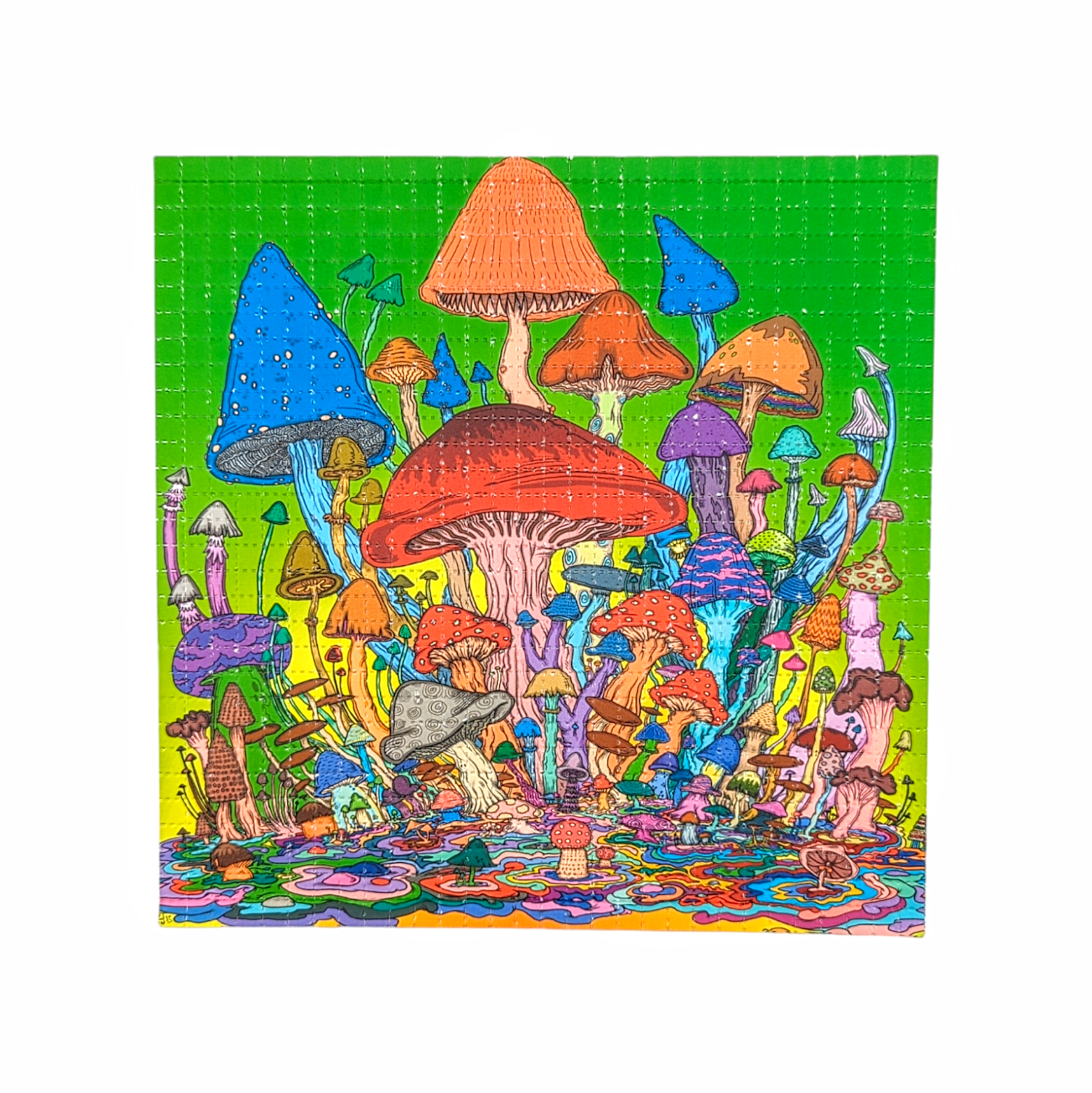 Vincent Gordon  Melty Mushrooms, 2024 Archival Pigment Print on Perforated Blotter Paper 7.75 x 7.75 in Edition of 100  Hand Signed + Numbered by the artist. Hand perforated by Zane Kesey.