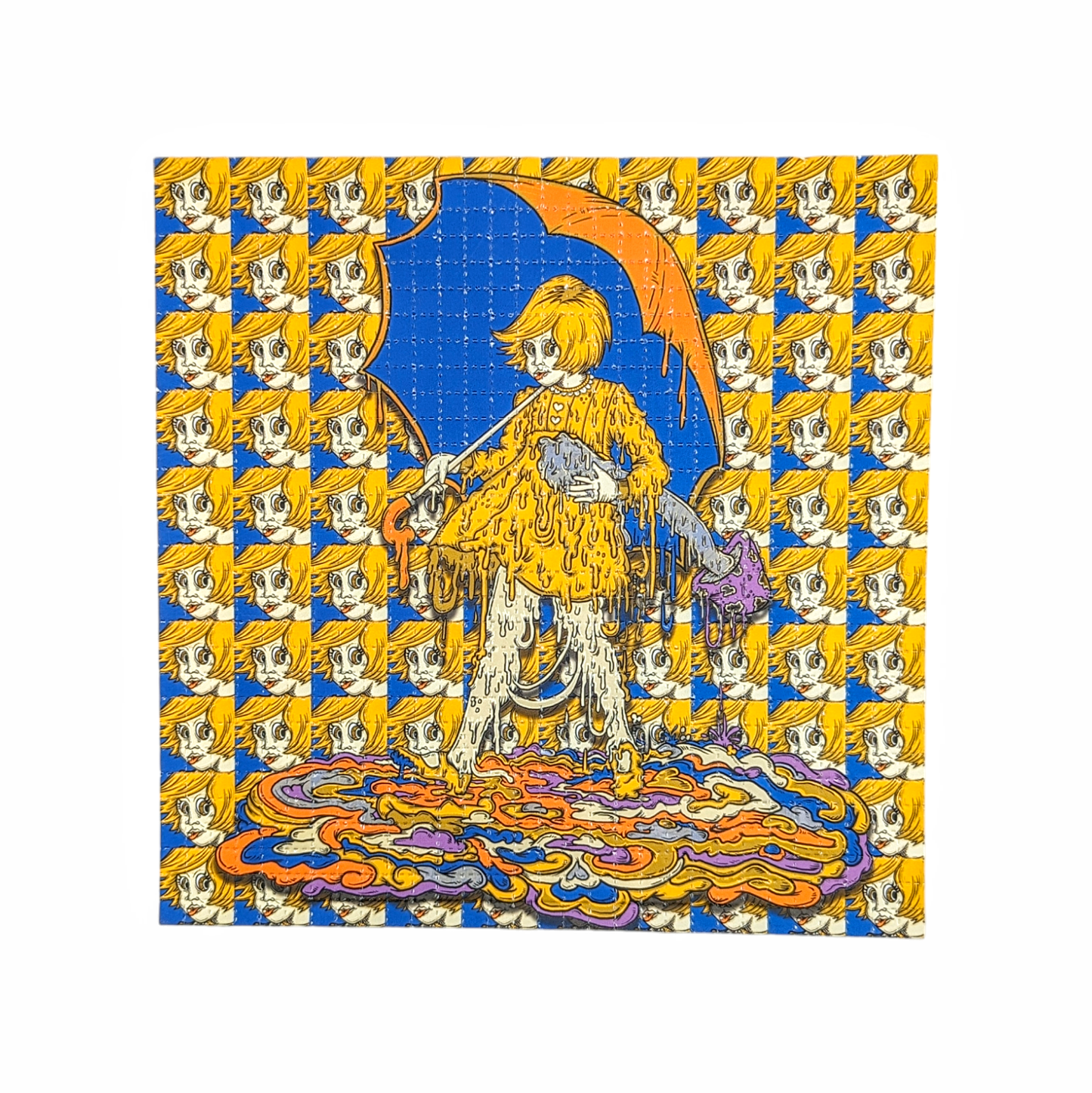 Vincent Gordon  Melty Mushroom Girl, 2024 Archival Pigment Print on Perforated Blotter Paper 7.75 x 7.75 in Edition of 200  Hand Signed + Numbered by Vincent Gordon. Hand perforated by Zane Kesey.