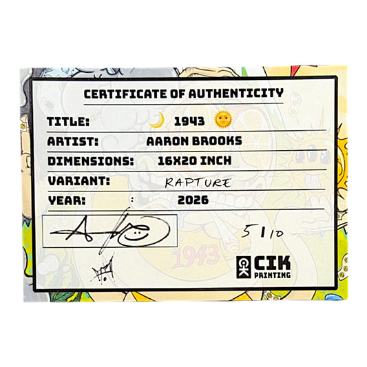 Aaron Brooks
1943 (Rapture Foil), 2026 
Giclée print on cold pressed cotton paper
16 x 20 in
Edition of 10 

Hand numbered in lower right corner. Accompanied by Certificate of Authenticity hand signed + numbered by the artist. 