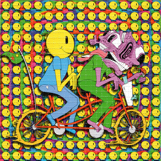 Aaron Brooks 
Bike Buddies
Archival Pigment Print on Perforated Blotter Paper
7.5 x 7.5 in
Edition of 100

Hand Signed + Numbered by Aaron Brooks. Hand perforated by Zane Kesey.