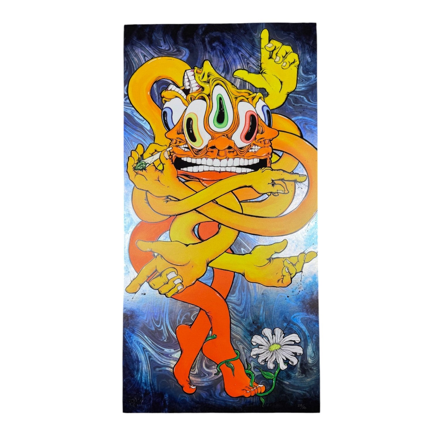 Aaron Brooks
Easy Skankin' (Swirl3), 2026
Holo-giclée with embossed gloss on Swirl3 foil paper 
12 x 24 in
Edition of 50

Hand numbered by the artist. Accompanied by Certificate of Authenticity hand signed + numbered by the artist.


