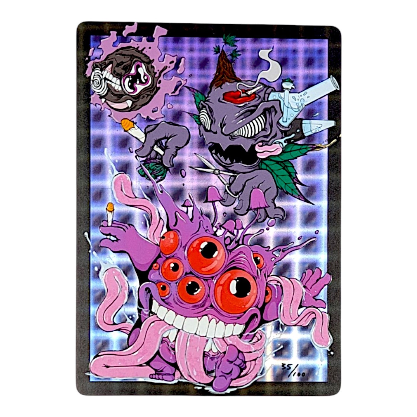 Aaron Brooks Gnar-Gnar Evolution, 2026 Double sided, gloss embossed print on Hyper Plaid Foil 5.4 x 7.5 in Edition of 100 Hand numbered in lower left corner