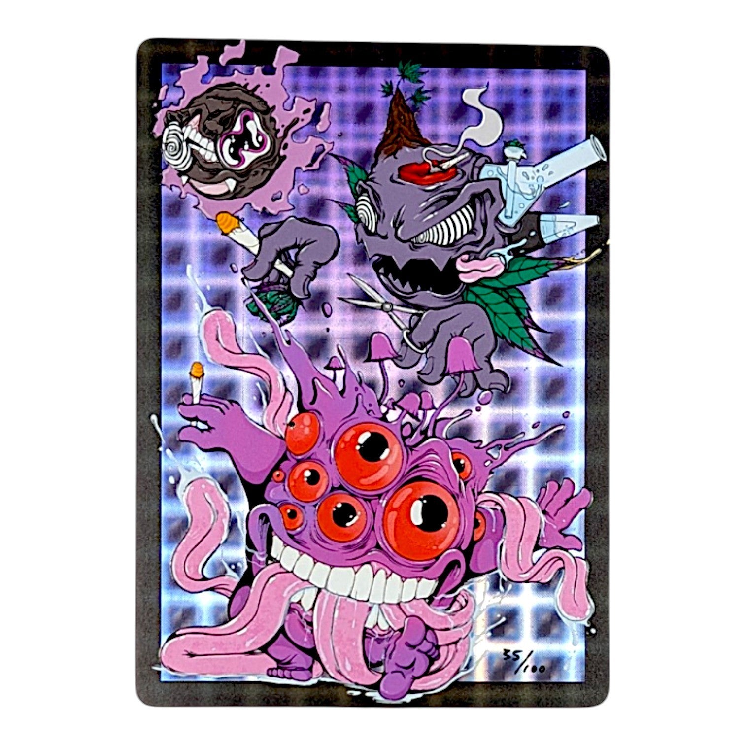 Aaron Brooks Gnar-Gnar Evolution, 2026 Double sided, gloss embossed print on Hyper Plaid Foil 5.4 x 7.5 in Edition of 100 Hand numbered in lower left corner