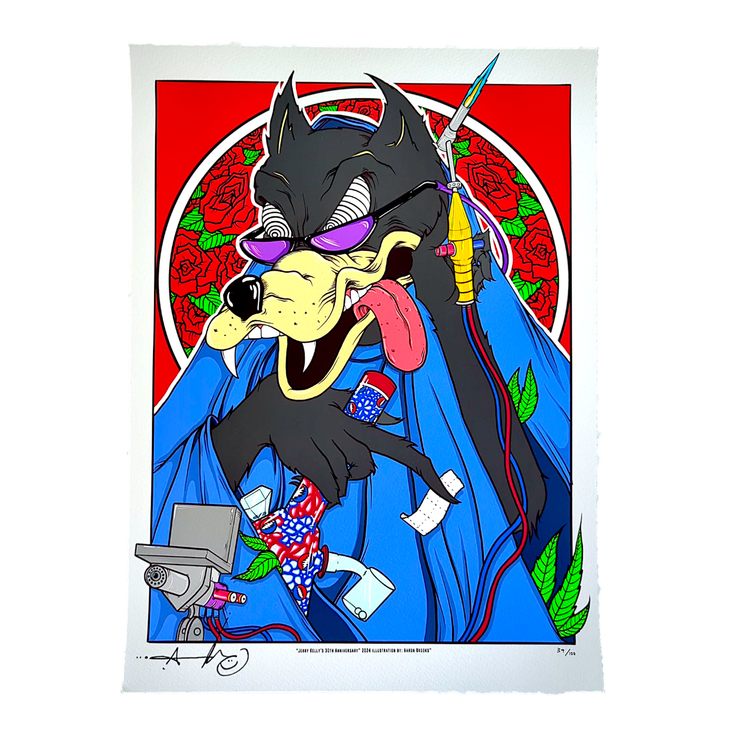 Aaron Brooks 
Jerry Kelly 30th Anniversary, 2024 
Fine Art Print on cold pressed cotton paper with hand deckled edges 
16 x 20 in 
Edition of 125 

Hand Signed + Numbered by the artist. Printed in Colorado by CIK STUDIOS. 