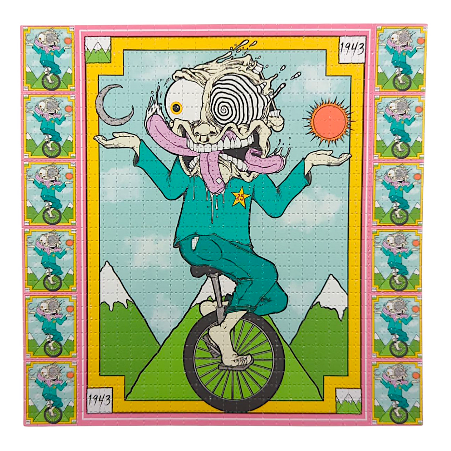 Aaron Brooks 
Micro Dose, 2025 
Archival Pigment Print on Perforated Blotter Paper 
7.5 x 7.5 in 
Edition of 200 

Hand signed + numbered by the artist. Perforated and published by Zane Kesey in Pleasant Hill, OR. 