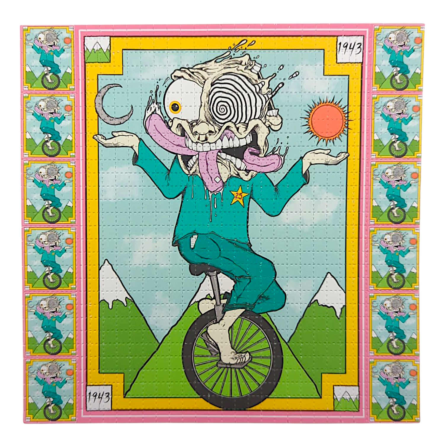 Aaron Brooks 
Micro Dose, 2025 
Archival Pigment Print on Perforated Blotter Paper 
7.5 x 7.5 in 
Edition of 200 

Hand signed + numbered by the artist. Perforated and published by Zane Kesey in Pleasant Hill, OR. 