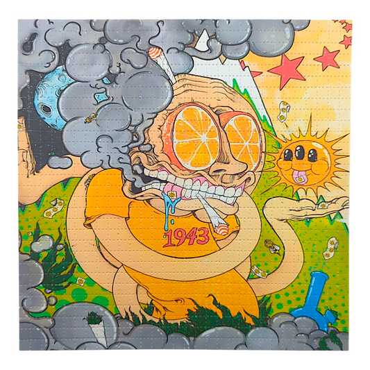 Aaron Brooks 
Orange Sunshine, 2025 
Archival Pigment Print on Perforated Blotter Paper 
7.5 x 7.5 in 
Edition of 200 

Hand signed + numbered by the artist. Perforated and published by Zane Kesey in Pleasant Hill, OR. 
