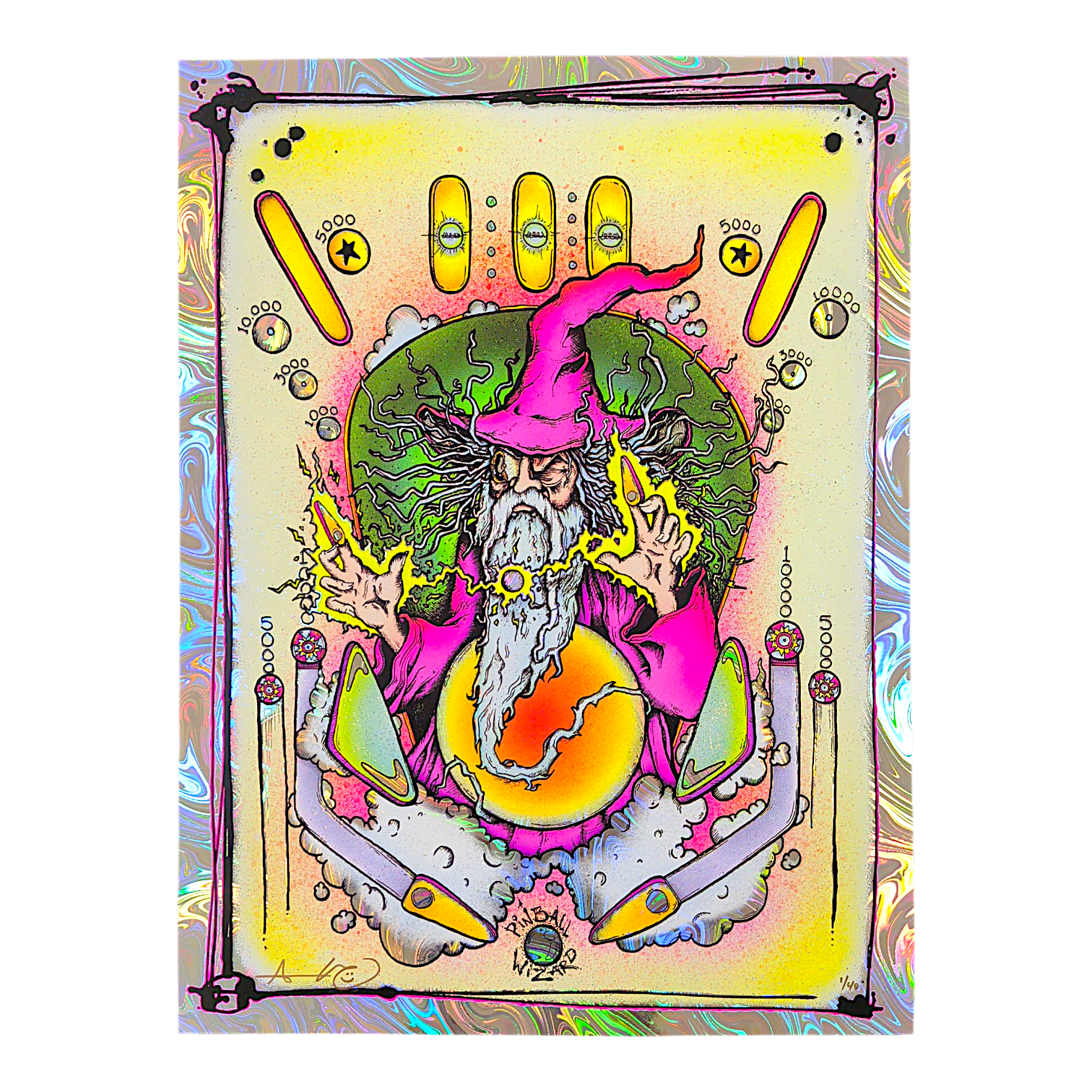 Aaron Brooks 
Pinball Wizard (Swirl Foil), 2025 
Screenprint on swirl foil with UV reactive ink 
18 x 24 in 
Edition of 40 

Hand Signed + Numbered by the artist. Printed in Colorado by CIK STUDIOS. 
