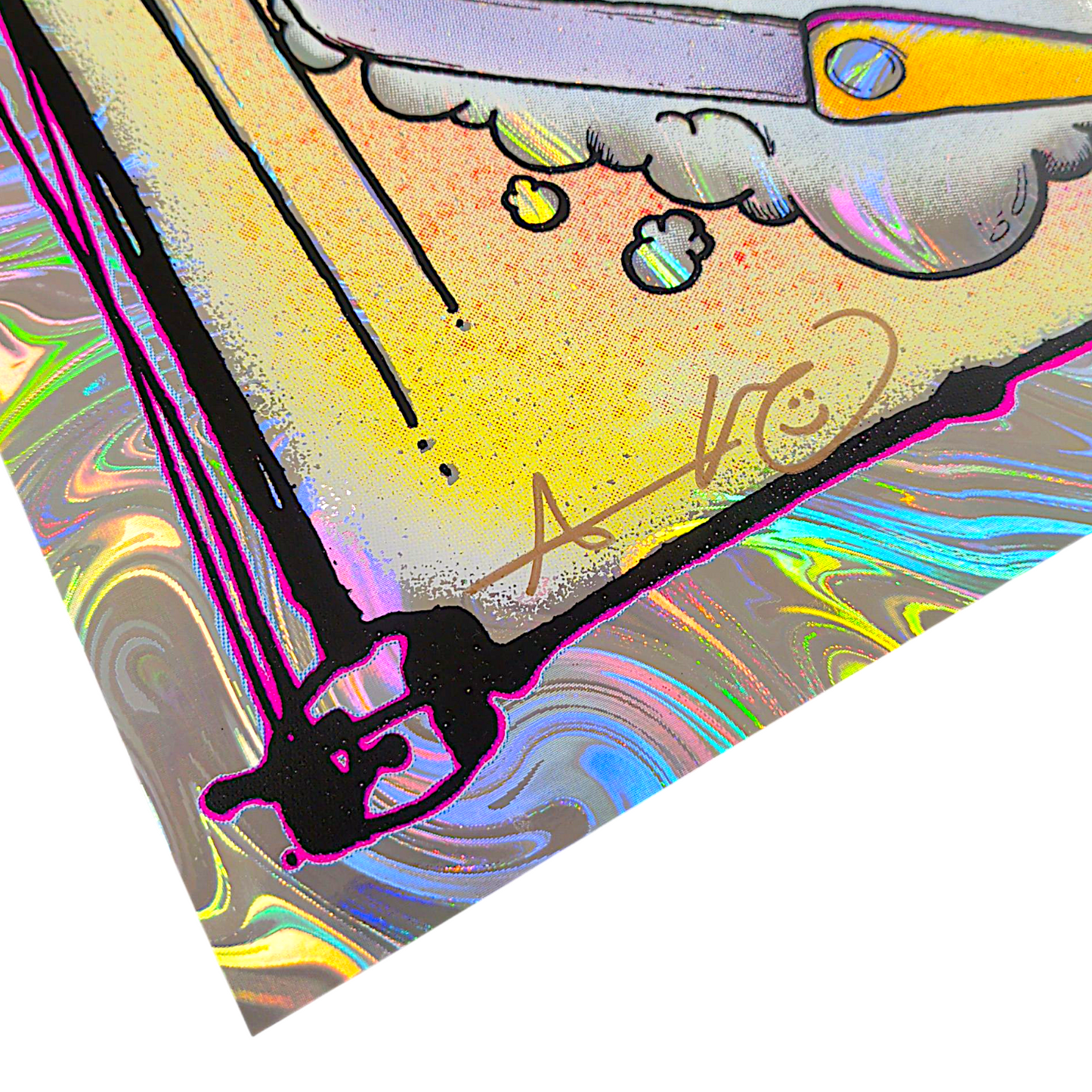 Aaron Brooks 
Pinball Wizard (Swirl Foil), 2025 
Screenprint on swirl foil with UV reactive ink 
18 x 24 in 
Edition of 40 

Hand Signed + Numbered by the artist. Printed in Colorado by CIK STUDIOS. 