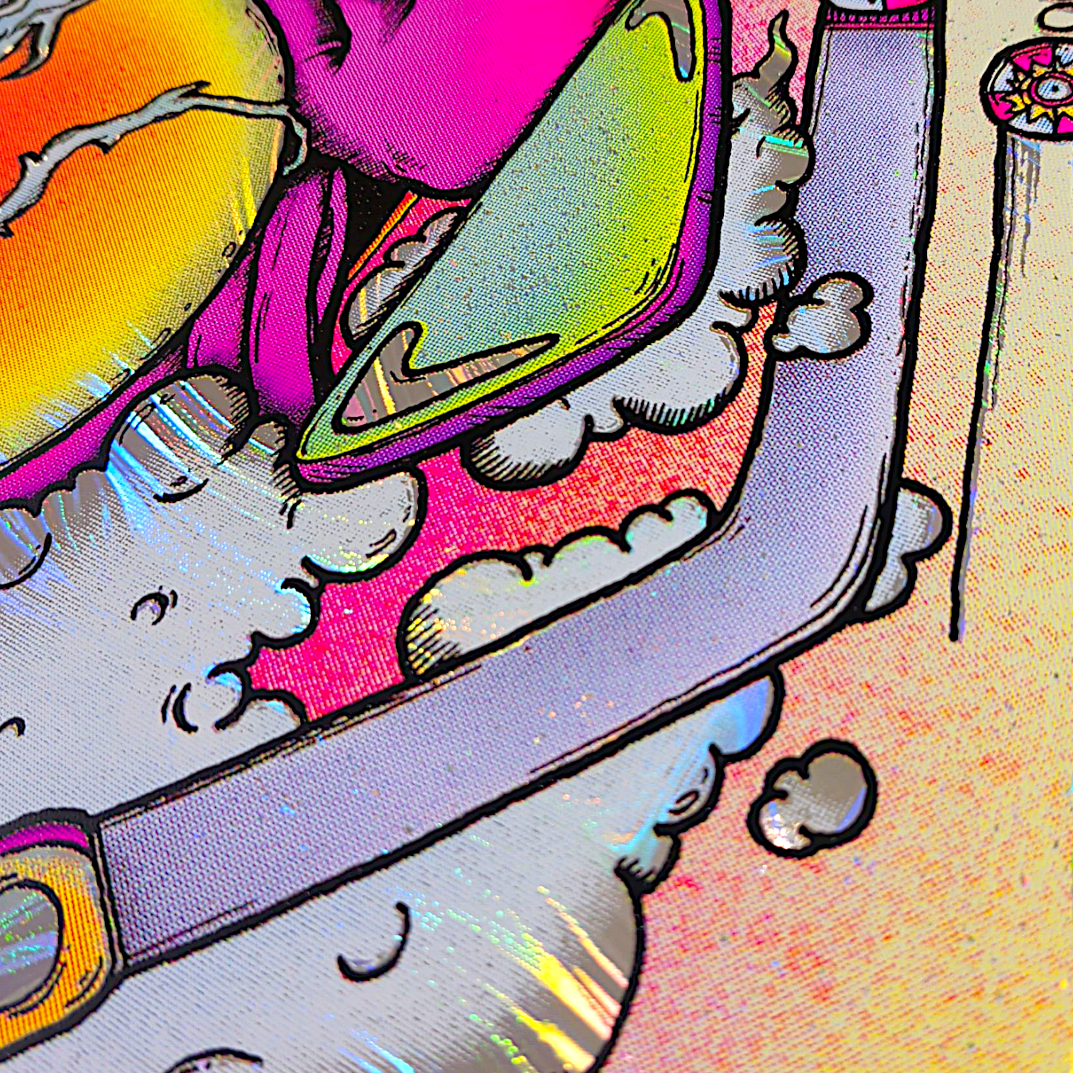 Aaron Brooks 
Pinball Wizard (Swirl Foil), 2025 
Screenprint on swirl foil with UV reactive ink 
18 x 24 in 
Edition of 40 

Hand Signed + Numbered by the artist. Printed in Colorado by CIK STUDIOS. 