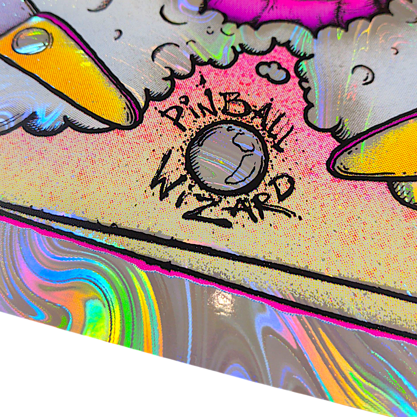 Aaron Brooks 
Pinball Wizard (Swirl Foil), 2025 
Screenprint on swirl foil with UV reactive ink 
18 x 24 in 
Edition of 40 

Hand Signed + Numbered by the artist. Printed in Colorado by CIK STUDIOS. 