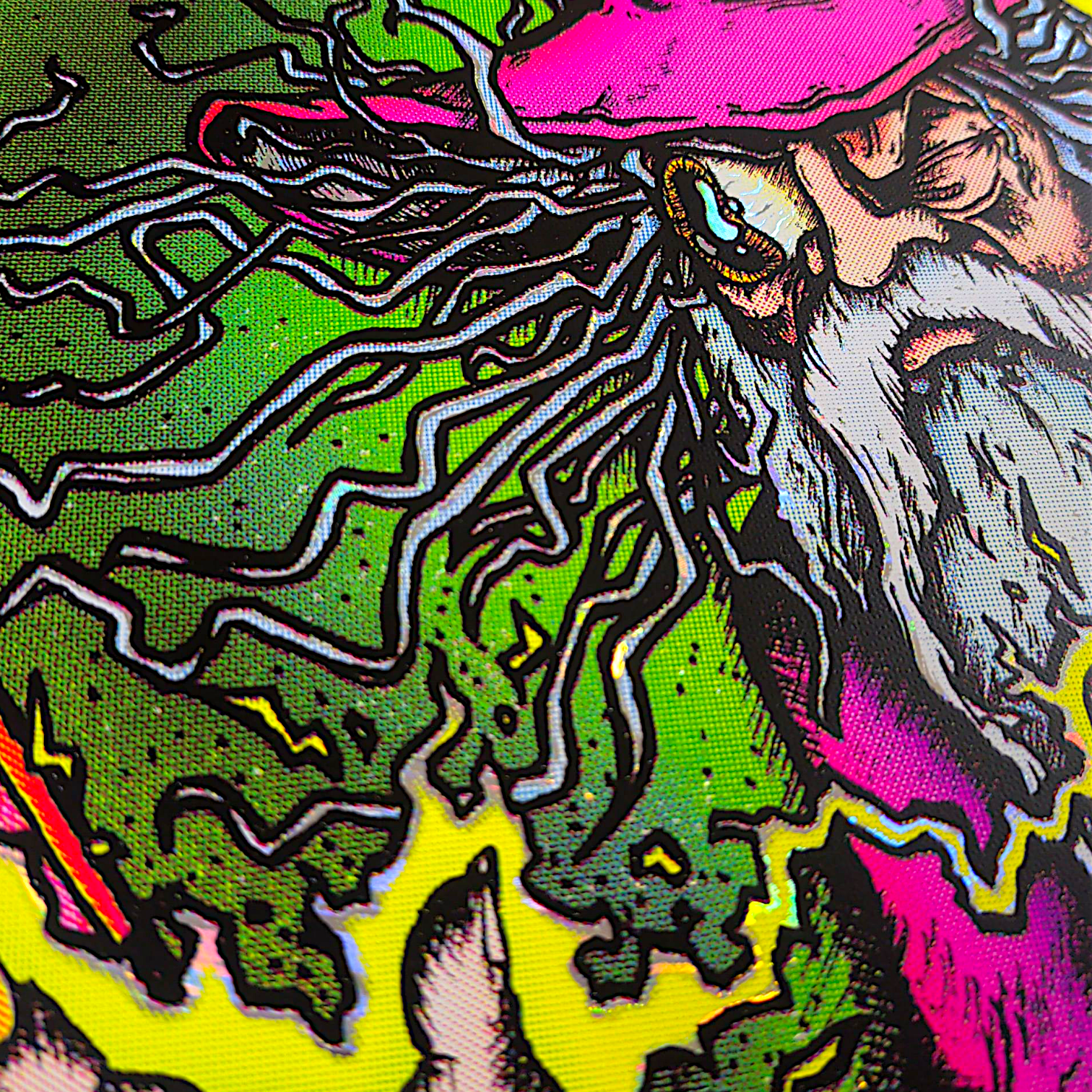 Aaron Brooks 
Pinball Wizard (Swirl Foil), 2025 
Screenprint on swirl foil with UV reactive ink 
18 x 24 in 
Edition of 40 

Hand Signed + Numbered by the artist. Printed in Colorado by CIK STUDIOS. 