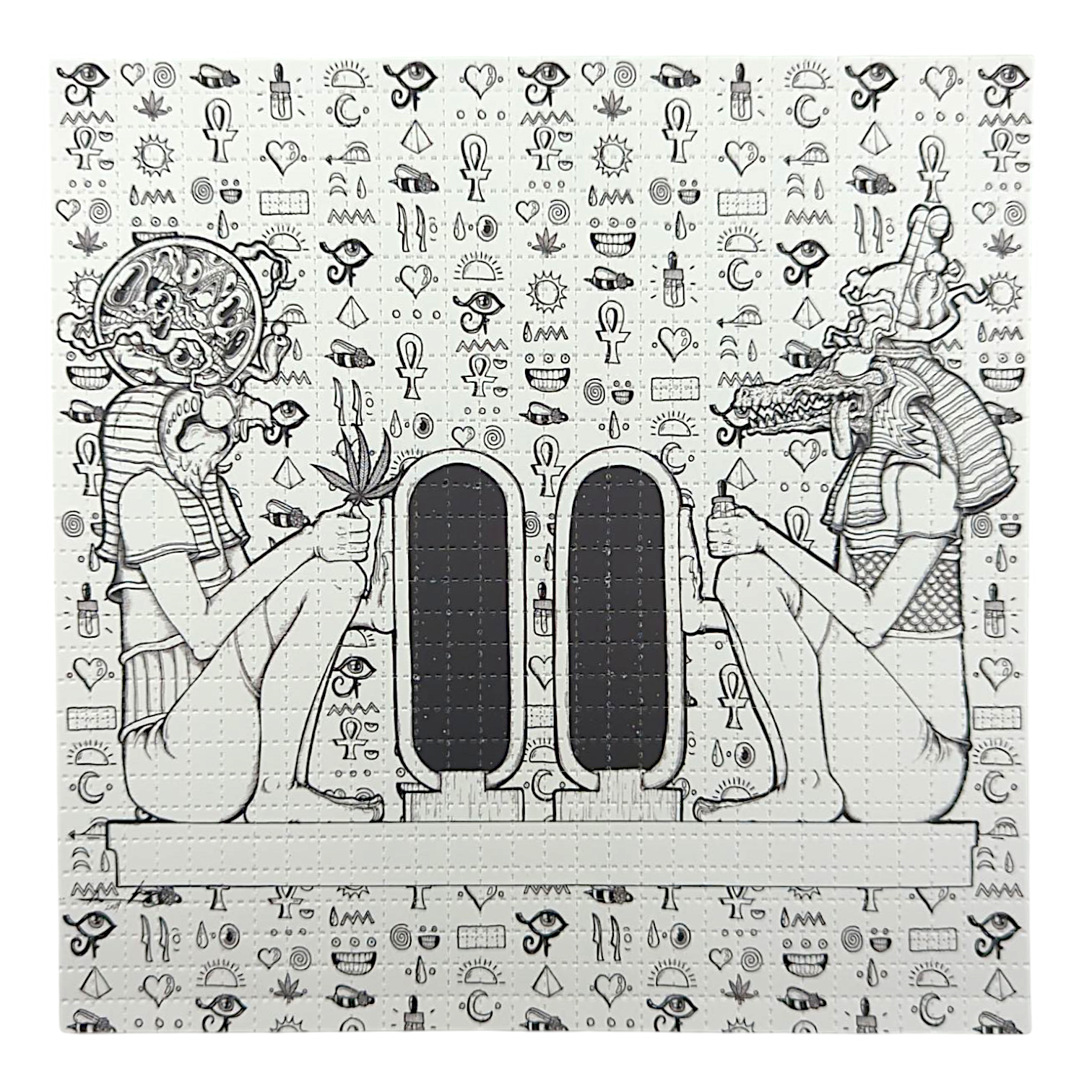 Aaron Brooks 
Ra & Sobek, 2025 
Archival Pigment Print on Perforated Blotter Paper 
7.5 x 7.5 in 
Edition of 200 

Hand signed + numbered by the artist. Perforated and published by Zane Kesey in Pleasant Hill, OR. 
