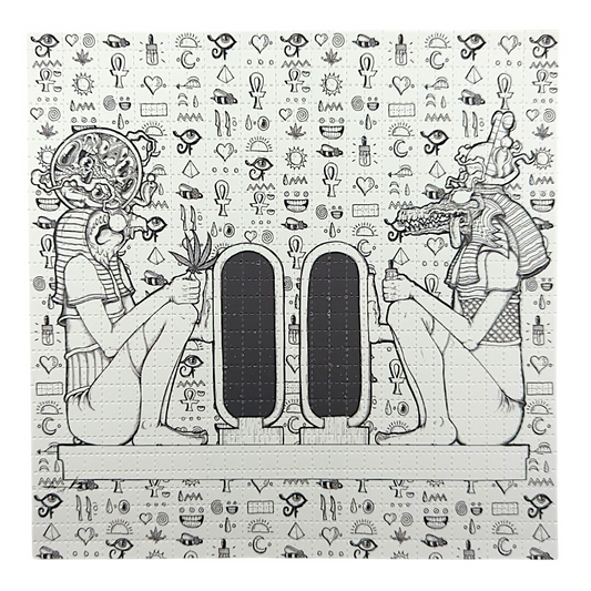 Aaron Brooks 
Ra & Sobek, 2025 
Archival Pigment Print on Perforated Blotter Paper 
7.5 x 7.5 in 
Edition of 200 

Hand signed + numbered by the artist. Perforated and published by Zane Kesey in Pleasant Hill, OR. 