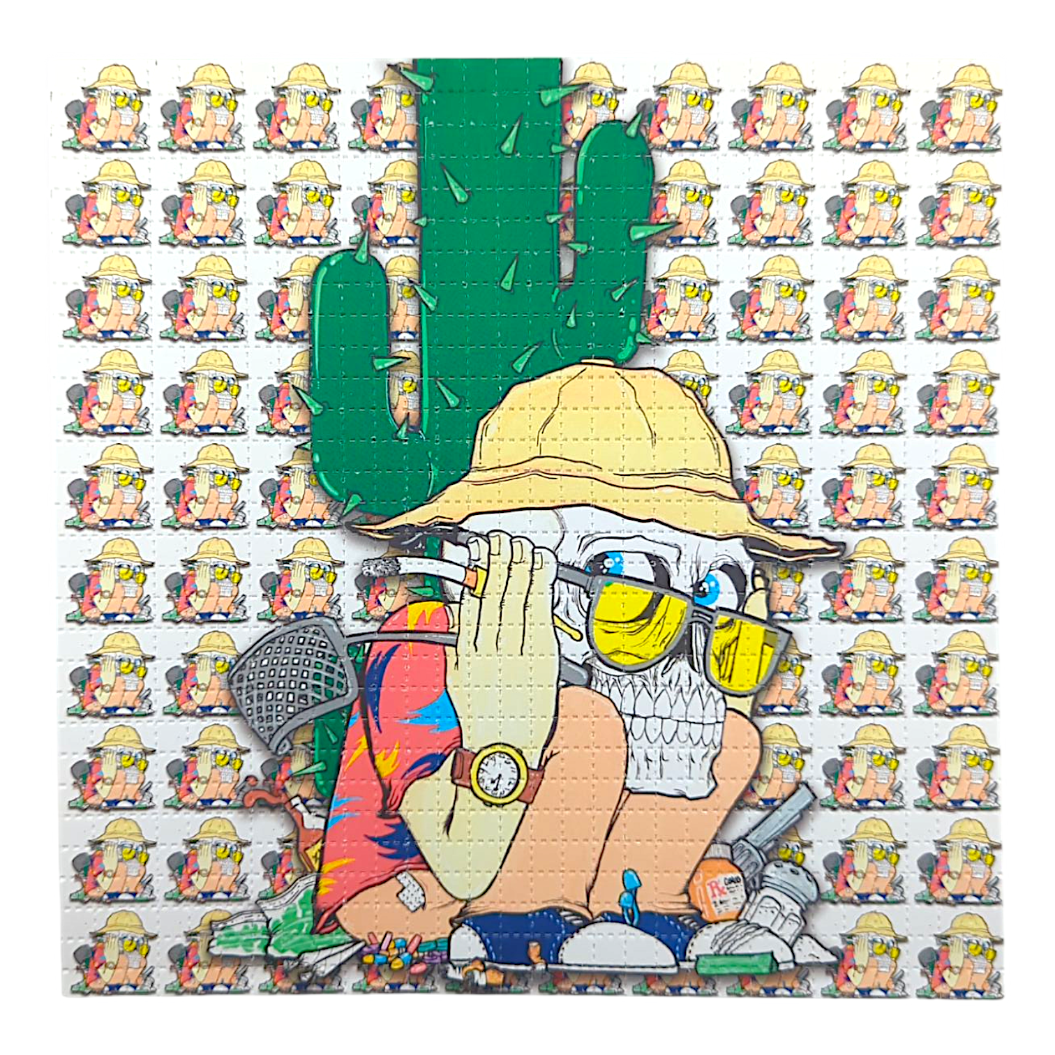 Aaron Brooks 
The Fear, 2025 
Archival Pigment Print on Perforated Blotter Paper 
7.5 x 7.5 in 
Edition of 200 

Hand signed + numbered by the artist. Perforated and published by Zane Kesey in Pleasant Hill, OR.