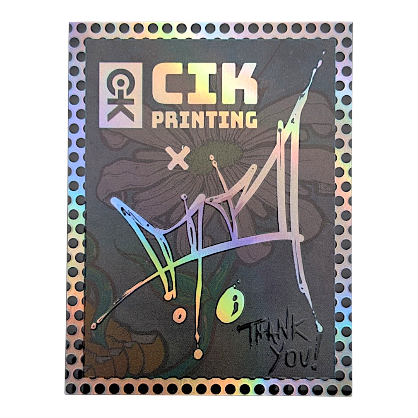 Aaron Brooks x CIK Day Tripper , 2026 Screen printed on glitter foil vinyl Approx. 1.75 x 1.75 in