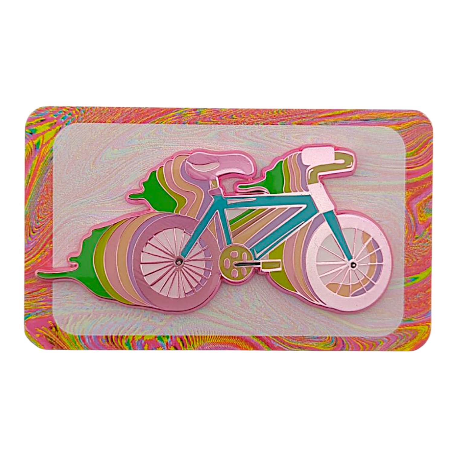 Aaron Brooks x Ground Score 
Bike Day (Magenta Metal), 2025 
3D mold magnet with 2D layers & epoxy 
Approx. 3.25 x 1.5 in | 2.5 mm thick 
Edition of 25 