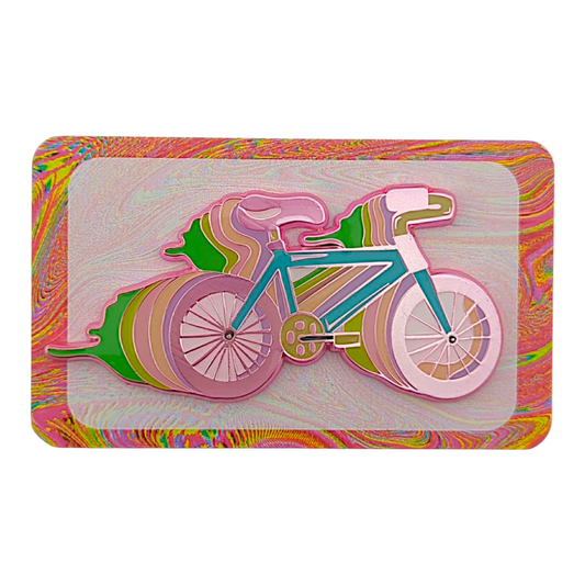 Aaron Brooks x Ground Score 
Bike Day (Magenta Metal), 2025 
3D mold magnet with 2D layers & epoxy 
Approx. 3.25 x 1.5 in | 2.5 mm thick 
Edition of 25 