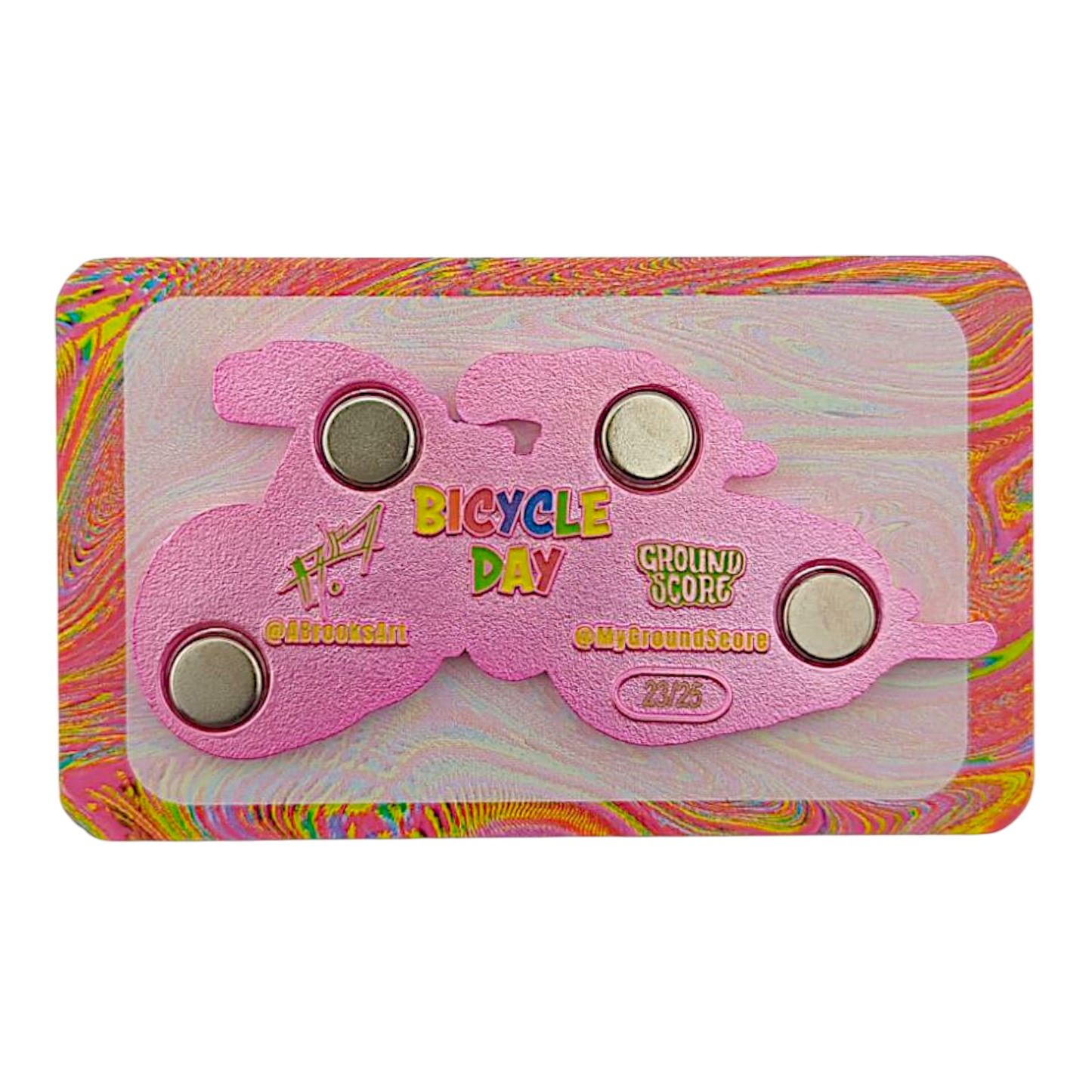 Aaron Brooks x Ground Score 
Bike Day (Magenta Metal), 2025 
3D mold magnet with 2D layers & epoxy 
Approx. 3.25 x 1.5 in | 2.5 mm thick 
Edition of 25 