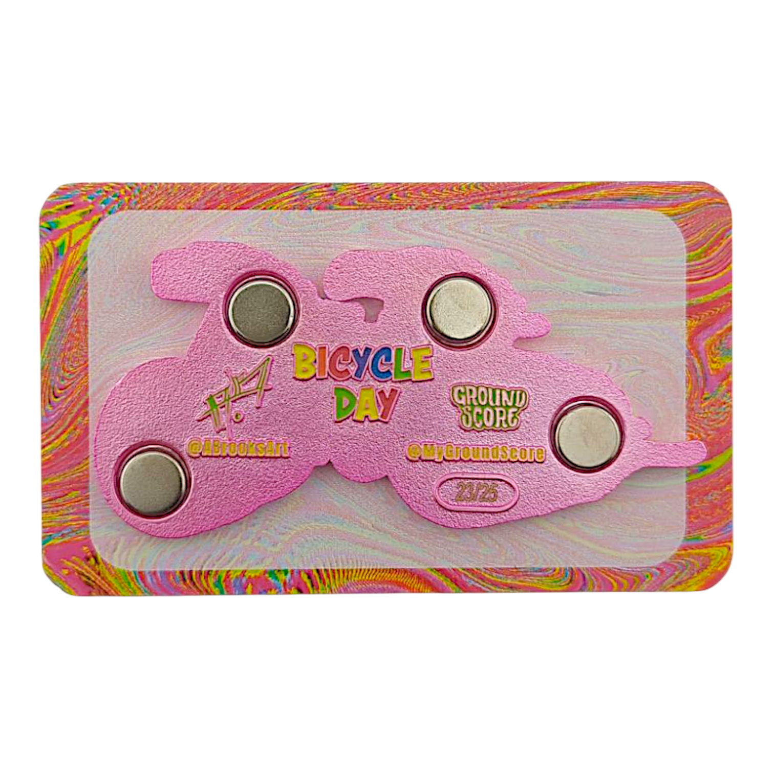 Aaron Brooks x Ground Score 
Bike Day (Magenta Metal), 2025 
3D mold magnet with 2D layers & epoxy 
Approx. 3.25 x 1.5 in | 2.5 mm thick 
Edition of 25 