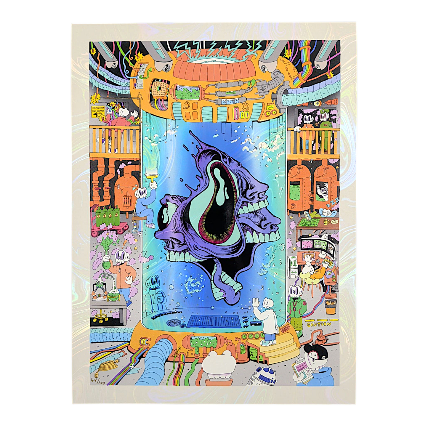 Aaron Brooks x Skully Vibes 
Skulls and Faces (White Swirl Foil), 2025 
Holo-gicleé on white swirl foil paper with embossed gloss varnish 
9 x 12 in 
Edition of 100 

Hand numbered by the artist. Accompanied by Certificate of Authenticity. Printed in Colorado by CIK STUDIOS.