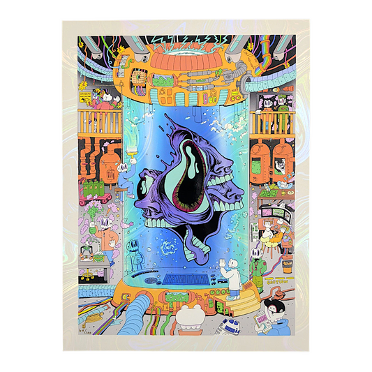 Aaron Brooks x Skully Vibes 
Skulls and Faces (White Swirl Foil), 2025 
Holo-gicleé on white swirl foil paper with embossed gloss varnish 
9 x 12 in 
Edition of 100 

Hand numbered by the artist. Accompanied by Certificate of Authenticity. Printed in Colorado by CIK STUDIOS.