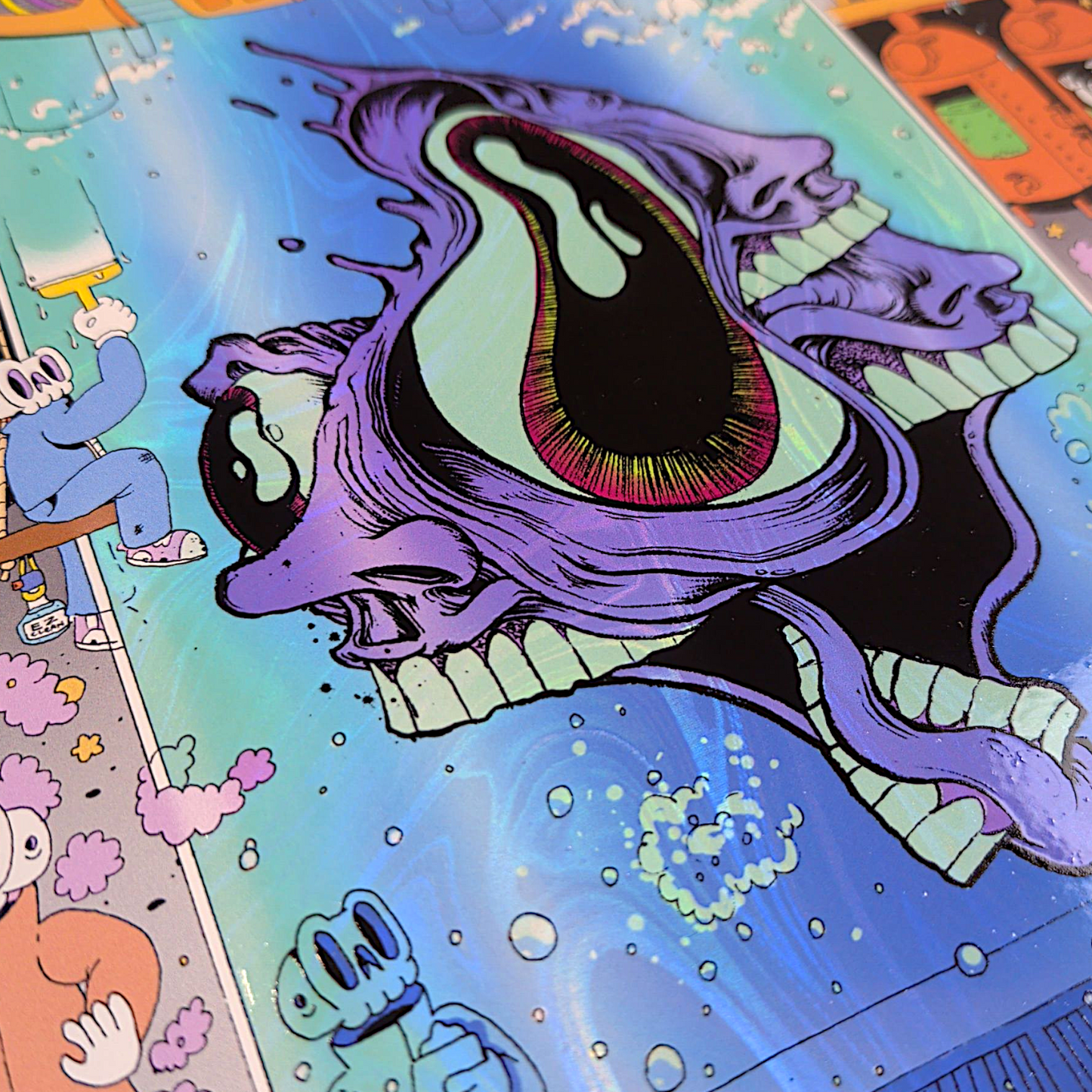 Aaron Brooks x Skully Vibes 
Skulls and Faces (White Swirl Foil), 2025 
Holo-gicleé on white swirl foil paper with embossed gloss varnish 
9 x 12 in 
Edition of 100 

Hand numbered by the artist. Accompanied by Certificate of Authenticity. Printed in Colorado by CIK STUDIOS.