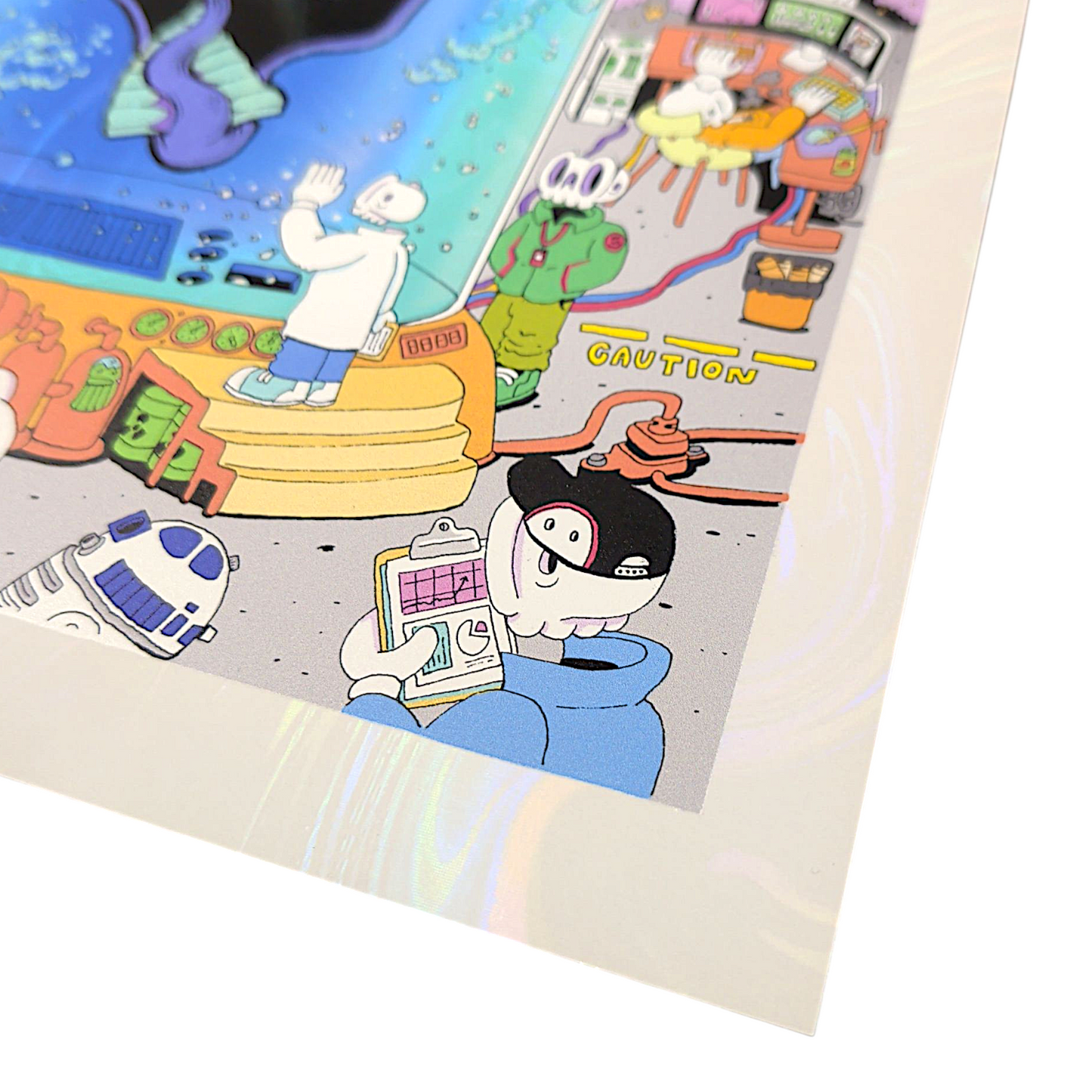 Aaron Brooks x Skully Vibes 
Skulls and Faces (White Swirl Foil), 2025 
Holo-gicleé on white swirl foil paper with embossed gloss varnish 
9 x 12 in 
Edition of 100 

Hand numbered by the artist. Accompanied by Certificate of Authenticity. Printed in Colorado by CIK STUDIOS.