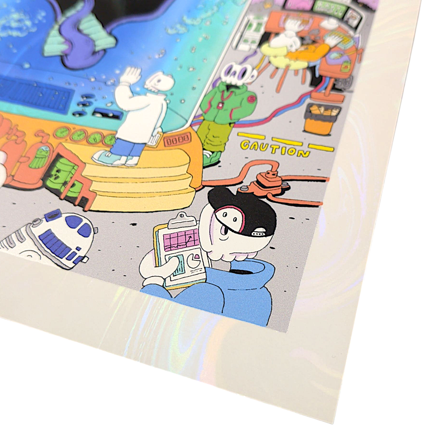 Aaron Brooks x Skully Vibes 
Skulls and Faces (White Swirl Foil), 2025 
Holo-gicleé on white swirl foil paper with embossed gloss varnish 
9 x 12 in 
Edition of 100 

Hand numbered by the artist. Accompanied by Certificate of Authenticity. Printed in Colorado by CIK STUDIOS.