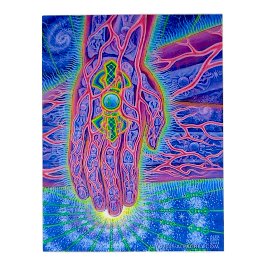 Colorful abstract design with hands and spiritual symbols on a blue background