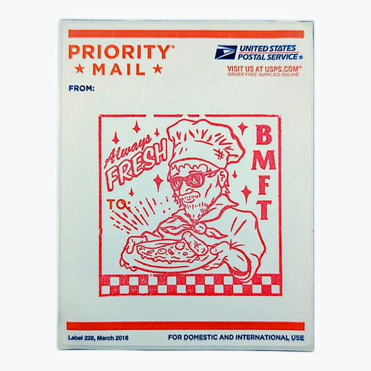 BMFT Always Fresh Red Sticker

Includes (1) 4 x 5.5” hand stamped USPS paper sticker