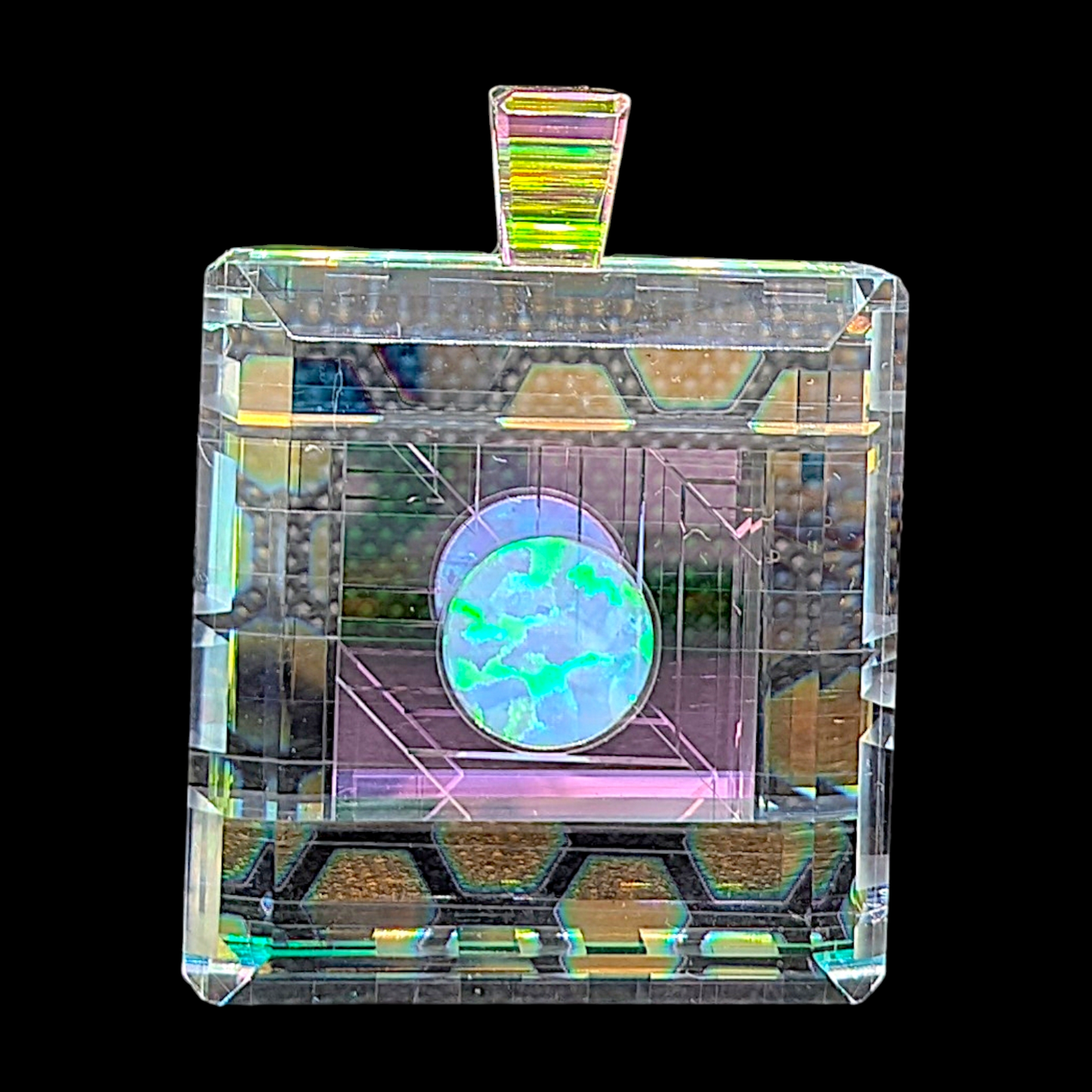 Boro Barto (Dan Barto) 
Dichroic glass pendant with blue opal 
Approx. 12 x 34 x 35 mm 