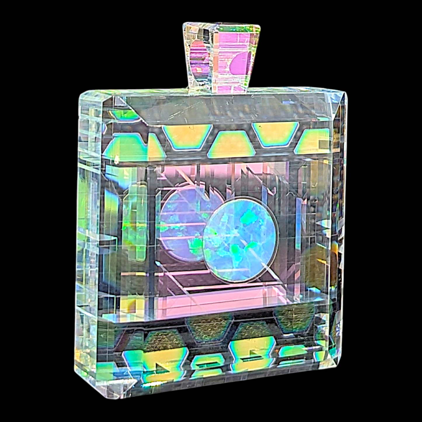 Boro Barto (Dan Barto) 
Dichroic glass pendant with blue opal 
Approx. 12 x 34 x 35 mm 