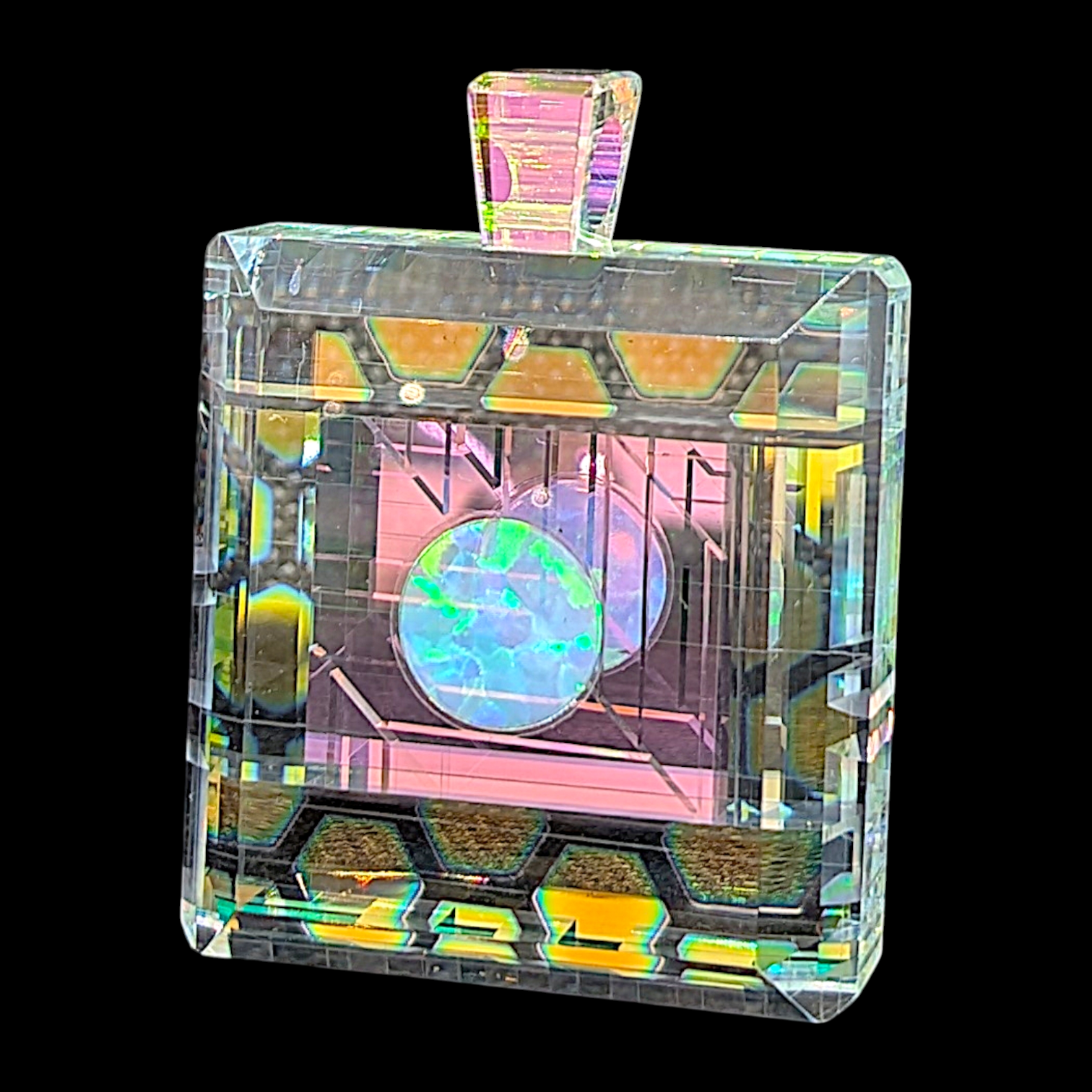 Boro Barto (Dan Barto) 
Dichroic glass pendant with blue opal 
Approx. 12 x 34 x 35 mm 