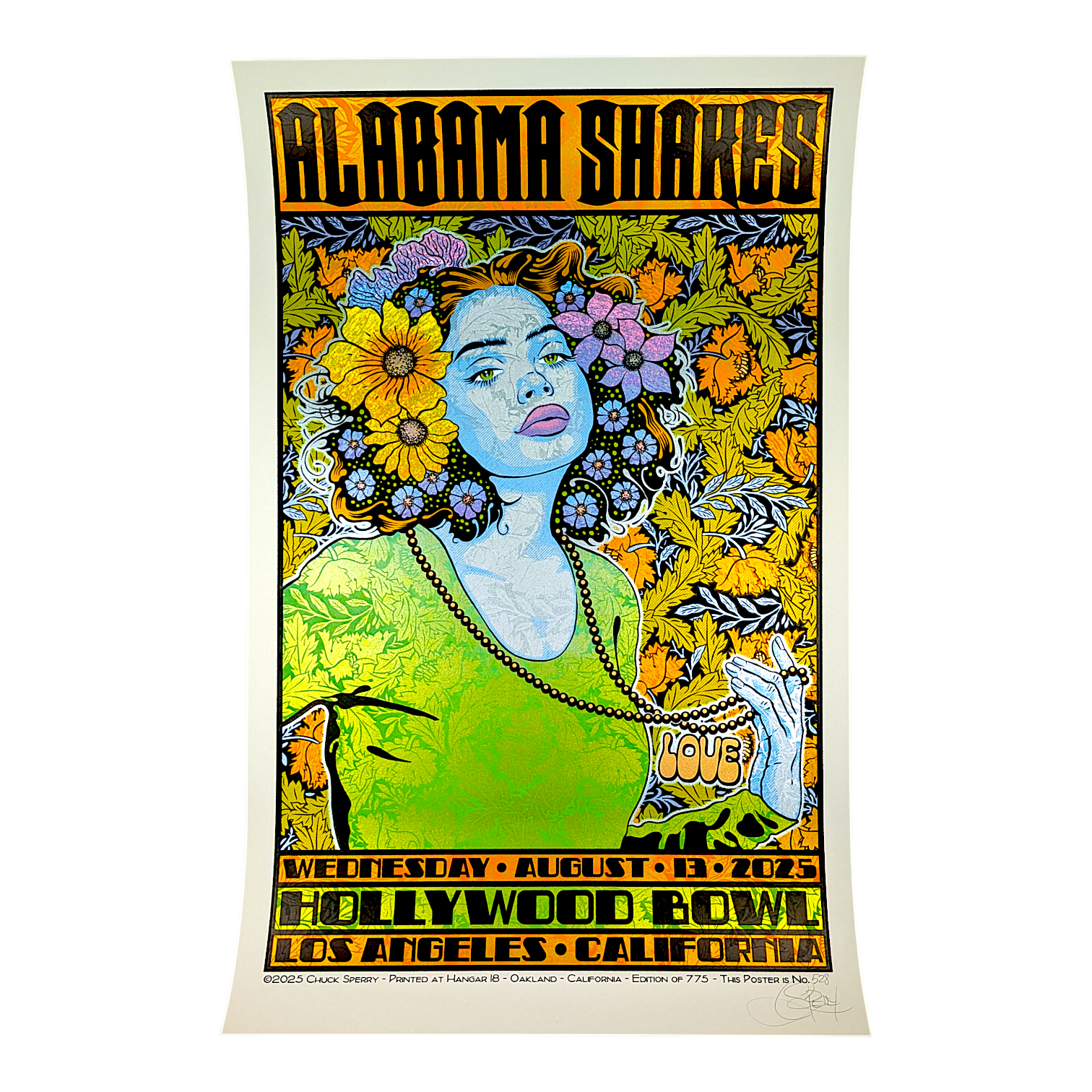 Chuck Sperry 
Alabama Shakes, Hollywood Bowl 2025 
7 color screen print on cream paper 
21 x 33 in 
Edition of 775 

Hand signed + numbered by the artist 