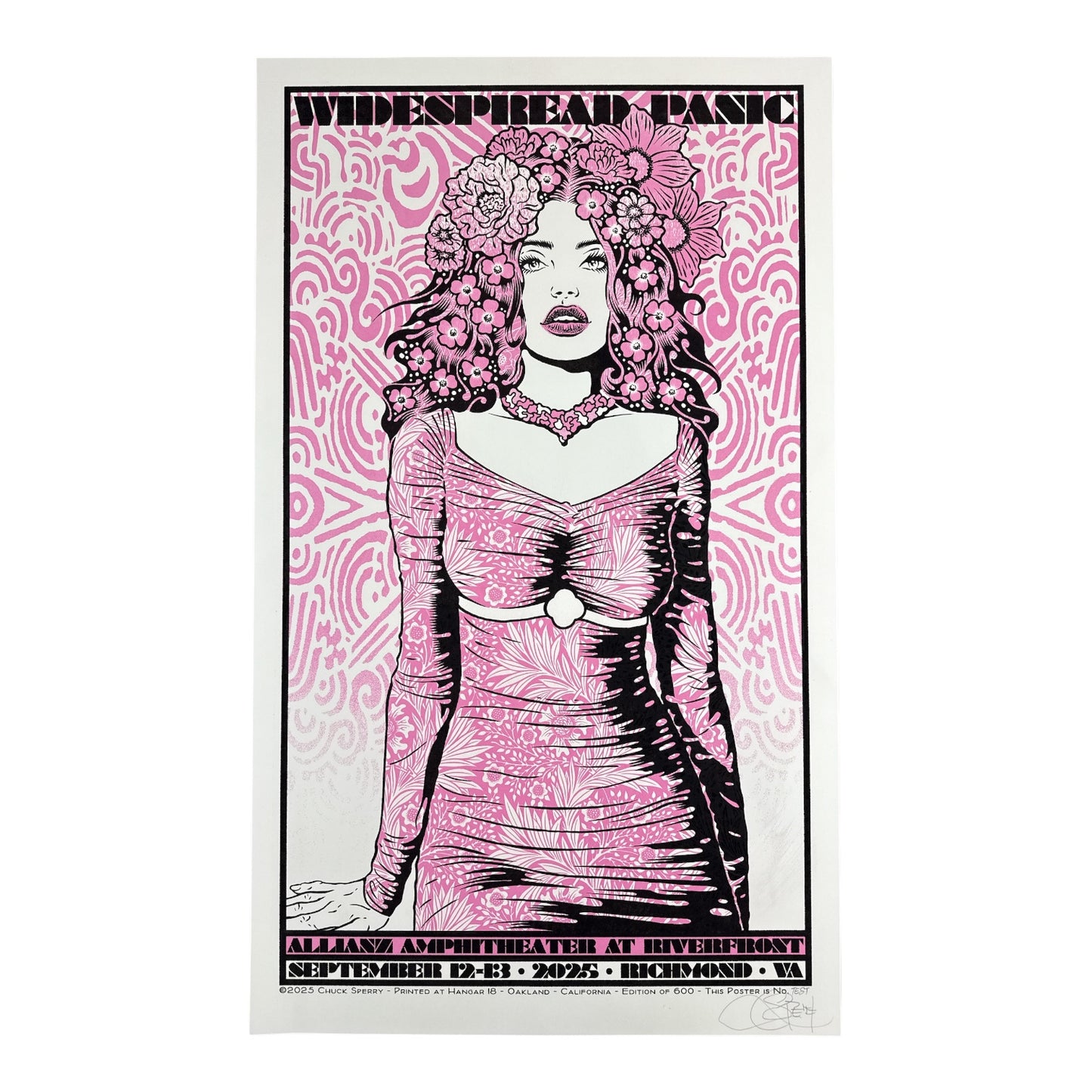 Chuck Sperry 
Juno (Pink), 2025 
Single color screen print on cream paper 
20 x 33.5 in 
Test Print 

Hand signed by the artist 

FROM CHUCK SPERRY 
Juno, Queen of the Gods, graces my Widespread Panic poster for Richmond, Virginia. Mother Goddess, central to the earliest rites that dressed our beliefs in human form. Dancing and losing oneself in music connects us to one of the earliest forms of ritual practice.