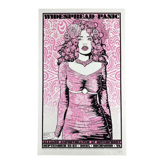 Chuck Sperry 
Juno (Pink), 2025 
Single color screen print on cream paper 
20 x 33.5 in 
Test Print 

Hand signed by the artist 

FROM CHUCK SPERRY 
Juno, Queen of the Gods, graces my Widespread Panic poster for Richmond, Virginia. Mother Goddess, central to the earliest rites that dressed our beliefs in human form. Dancing and losing oneself in music connects us to one of the earliest forms of ritual practice.