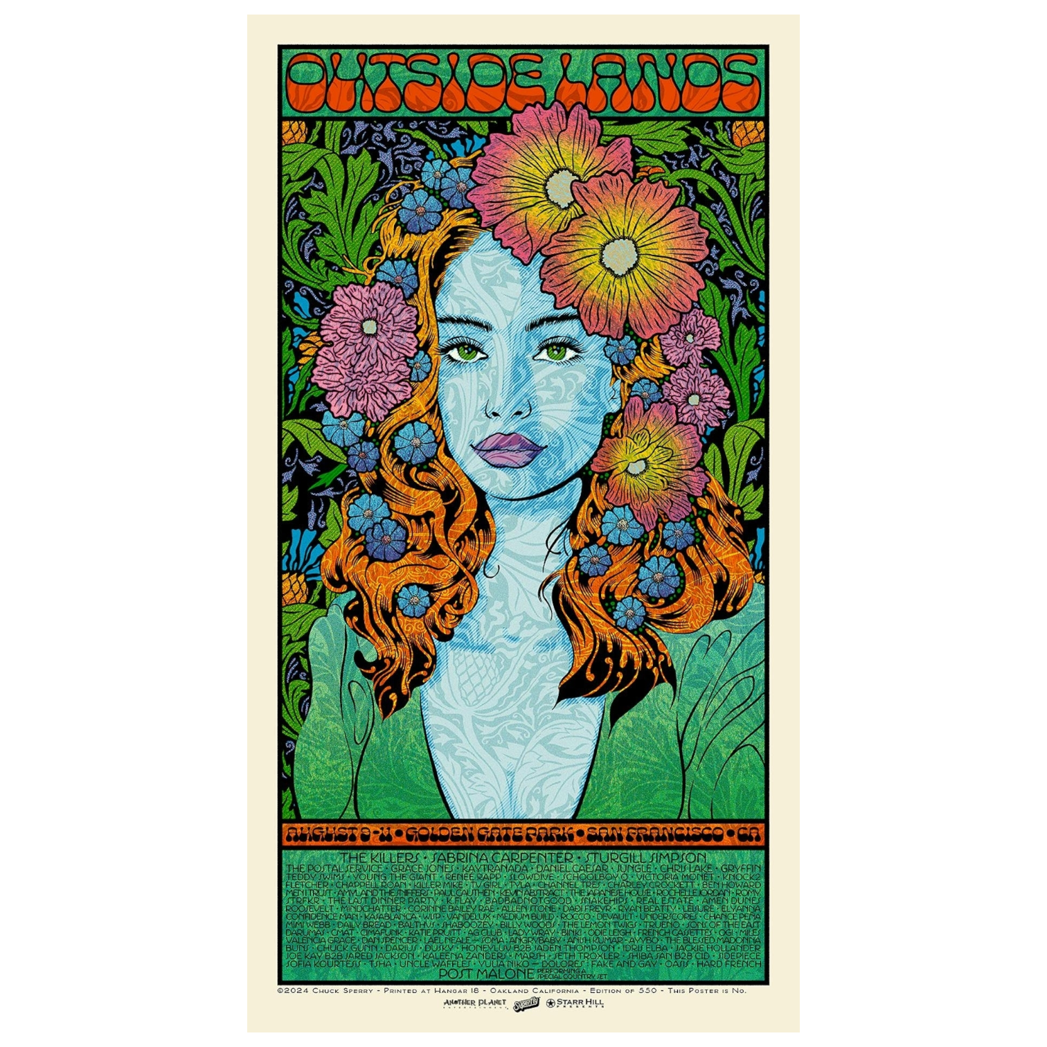 Chuck Sperry
Outside Lands Music Festival, San Francisco 2024
Outside Lands, 2024
7 color screen print on cream paper
19 x 35 in
Edition of 550

Hand Signed + Numbered by the artist. 