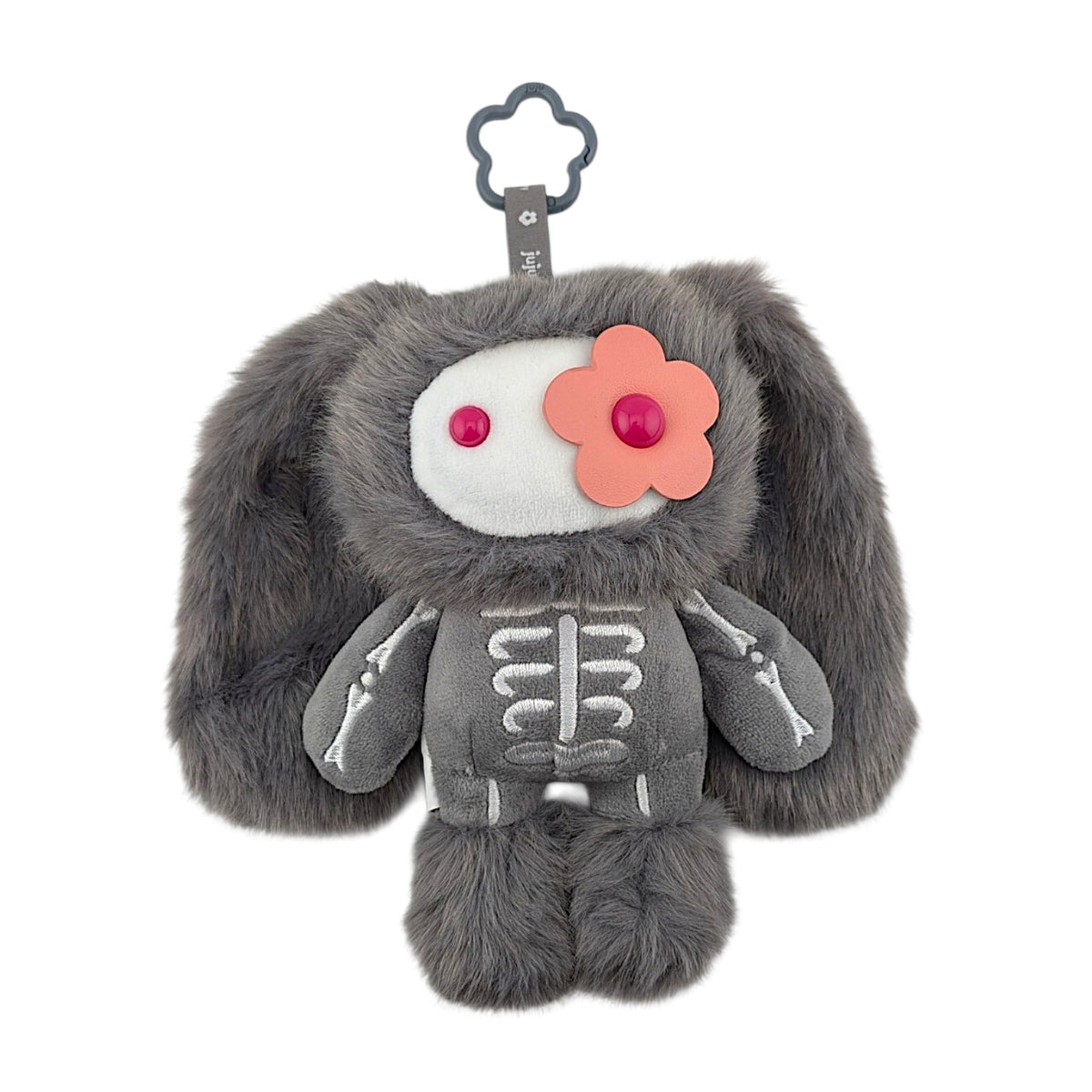CJ Hendry
Halloween JuJu (Skeleton), 2026
Plush keychain with leather flower eye, polyester filling &amp; metal clasp
Approx. 15 x 8 cm

Accompanied by orange rectangular zipper pouch + fold out "map" poster which shows all 10 varieties