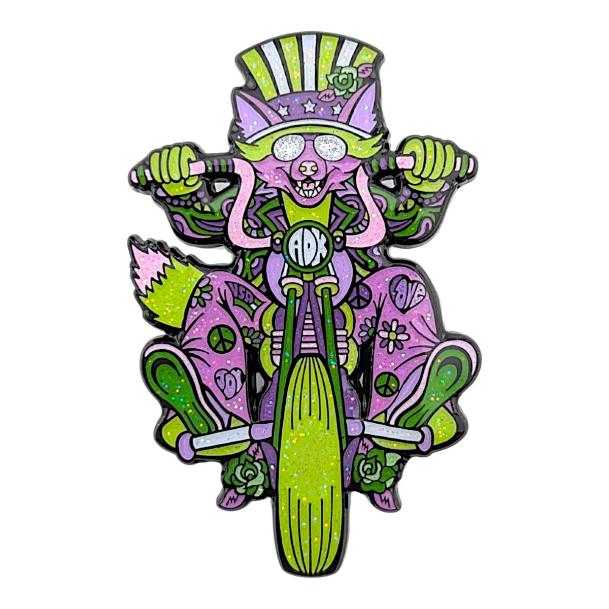 A colorful enamel pin featuring a psychedelic cat riding a chopper motorcycle. The cat is wearing a purple and green top hat with stars, goggles, and a flower, while the motorcycle is decorated with peace signs, hearts, and floral patterns.