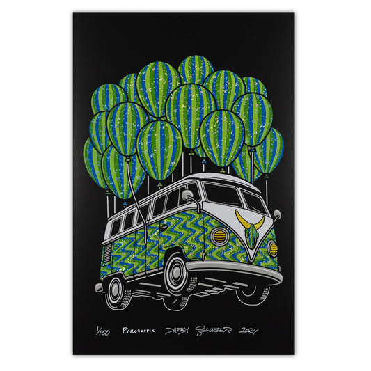 Darby x Slinger x Pyroscopic (Parking Lot Collective)
Flying Bus, 2024
Screen Print on Holographic Paper
11 x 17 in
Edition of 100

Hand Signed, Numbered + Dated by the artists. Inspired by the work of Darby Holm. Designed by Pyroscopic and Slinger (Parking Lot Collective).