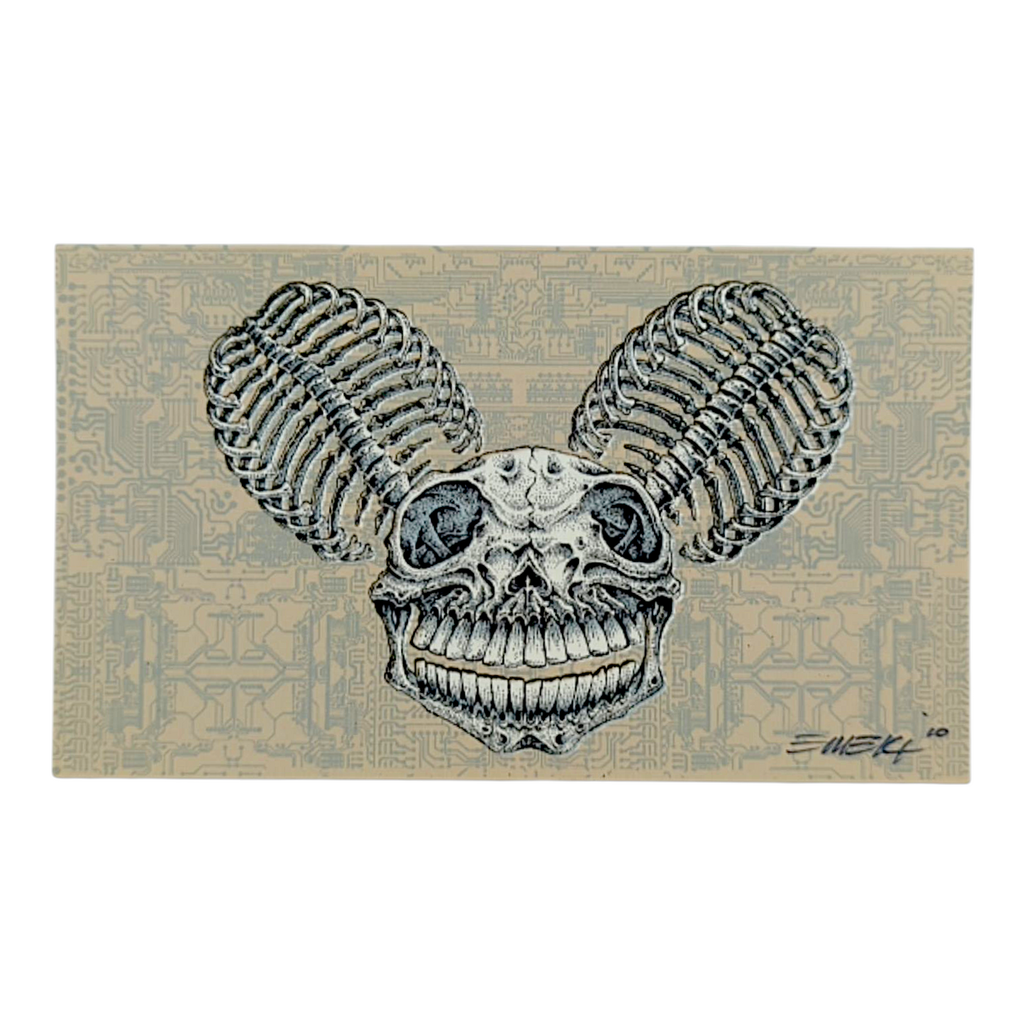 Emek 
Dead Mau5, 2010 
Screen Print on Archival Paper with Straight Cut Edges 
5.75 x 3.25 in 
Hand signed + dated by the artist.