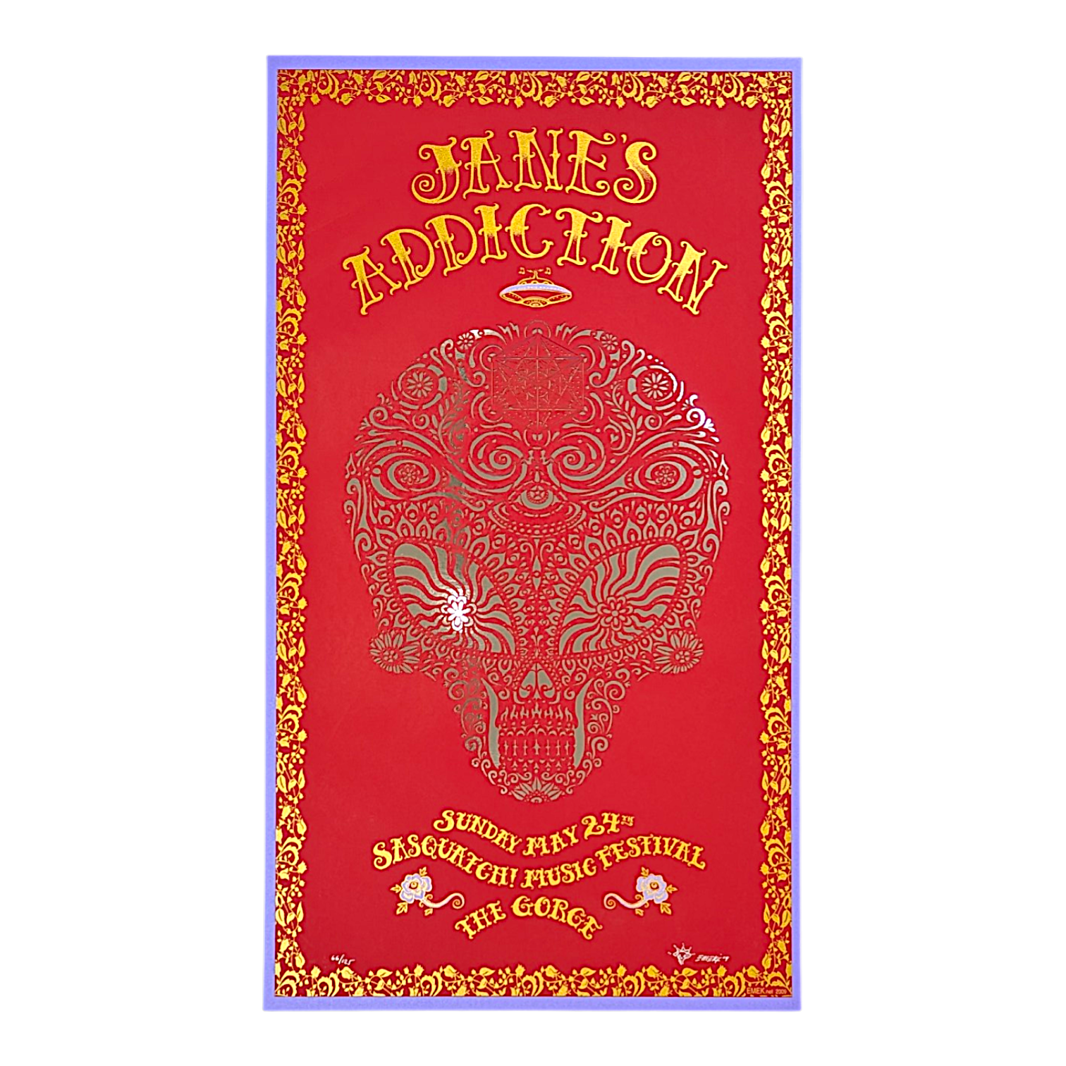 Emek
Jane's Addiction, Gorge 2009
Laser cut screen print over foil paper
13 x 24 in
Edition of 125

Hand signed, numbered, dated + doodled by the artist 
