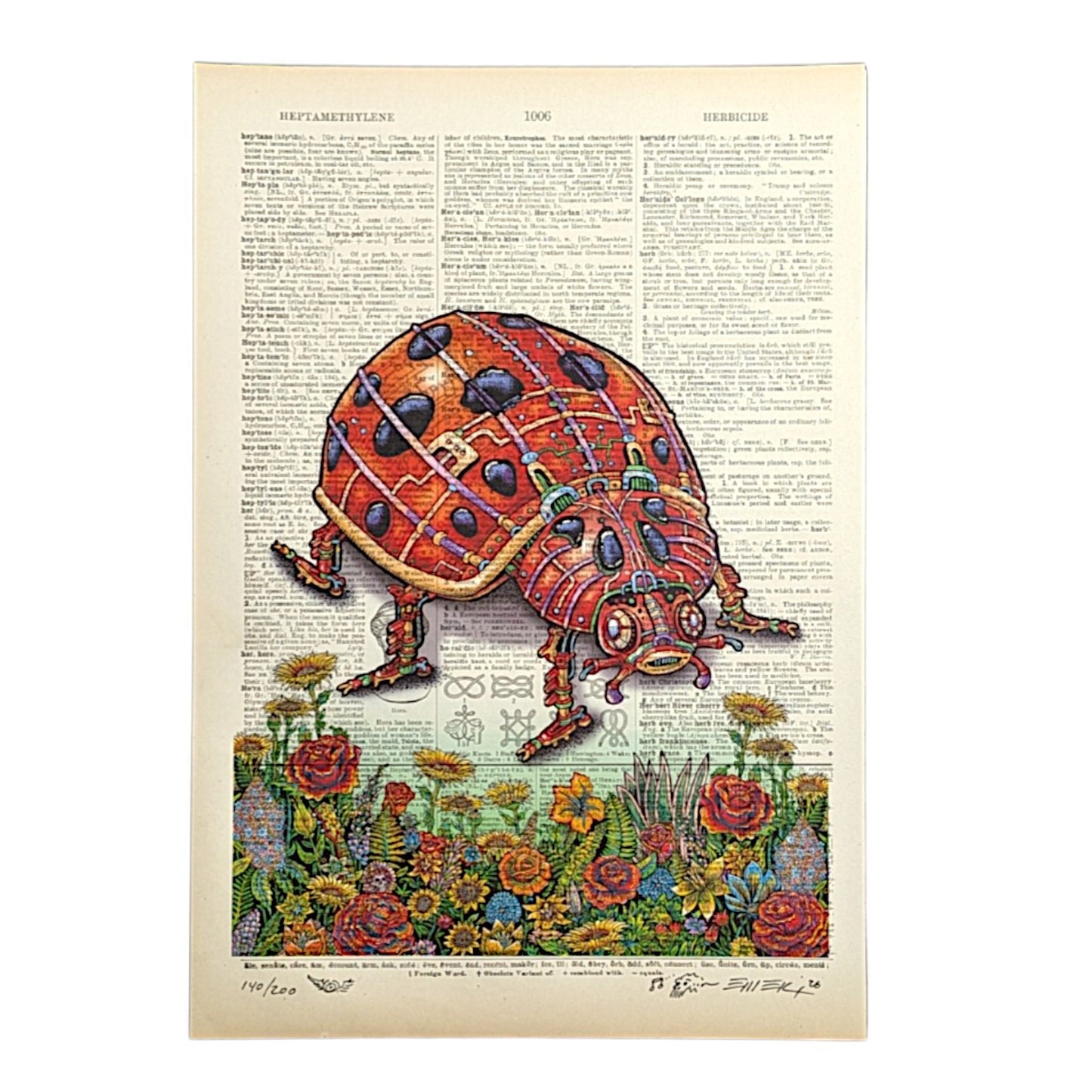Emek Ladybug, 2026 Print on Vintage Dictionary Page 8.5 x 12 in Edition of 200 Hand signed, numbered + hand embellished by the artist