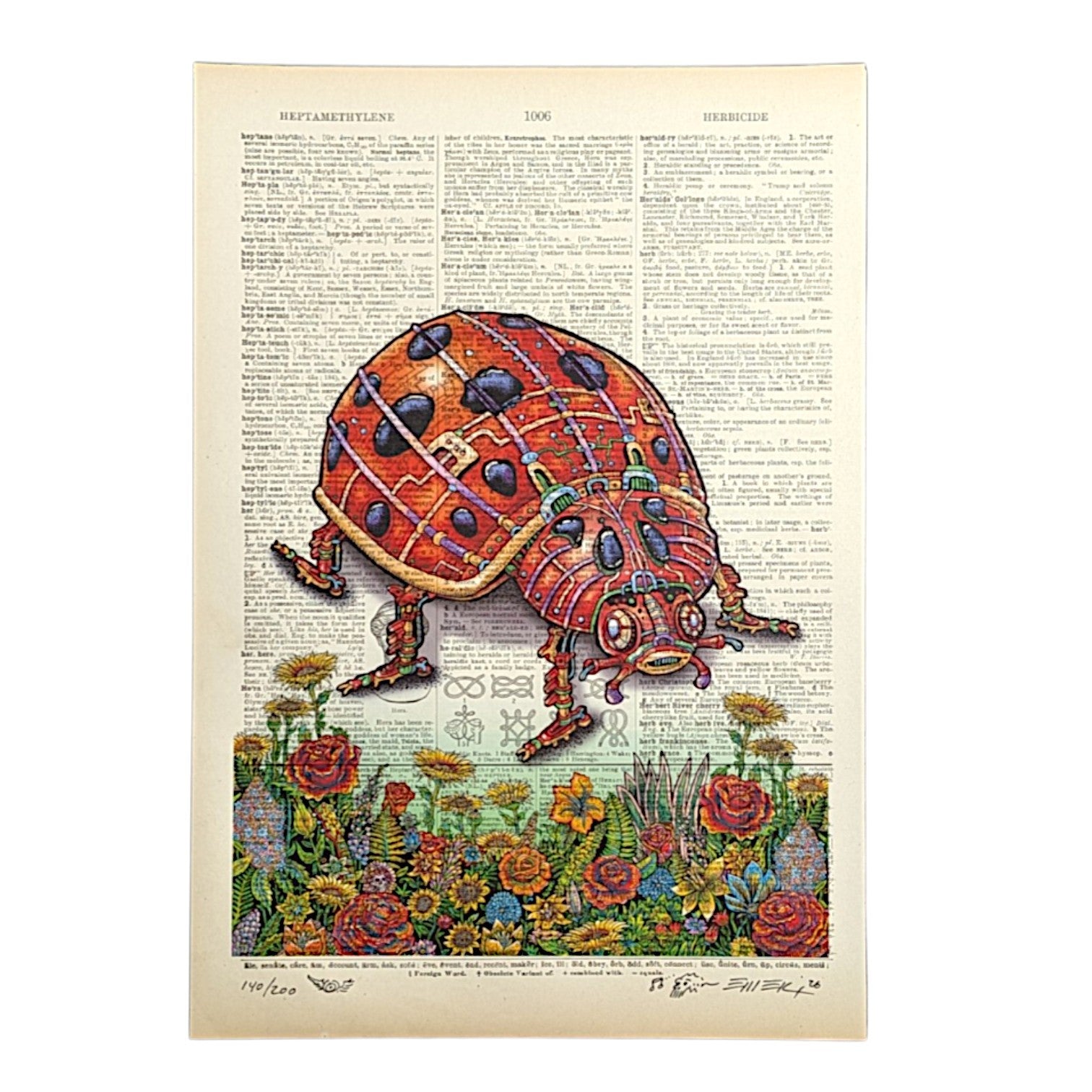 Emek Ladybug, 2026 Print on Vintage Dictionary Page 8.5 x 12 in Edition of 200 Hand signed, numbered + hand embellished by the artist